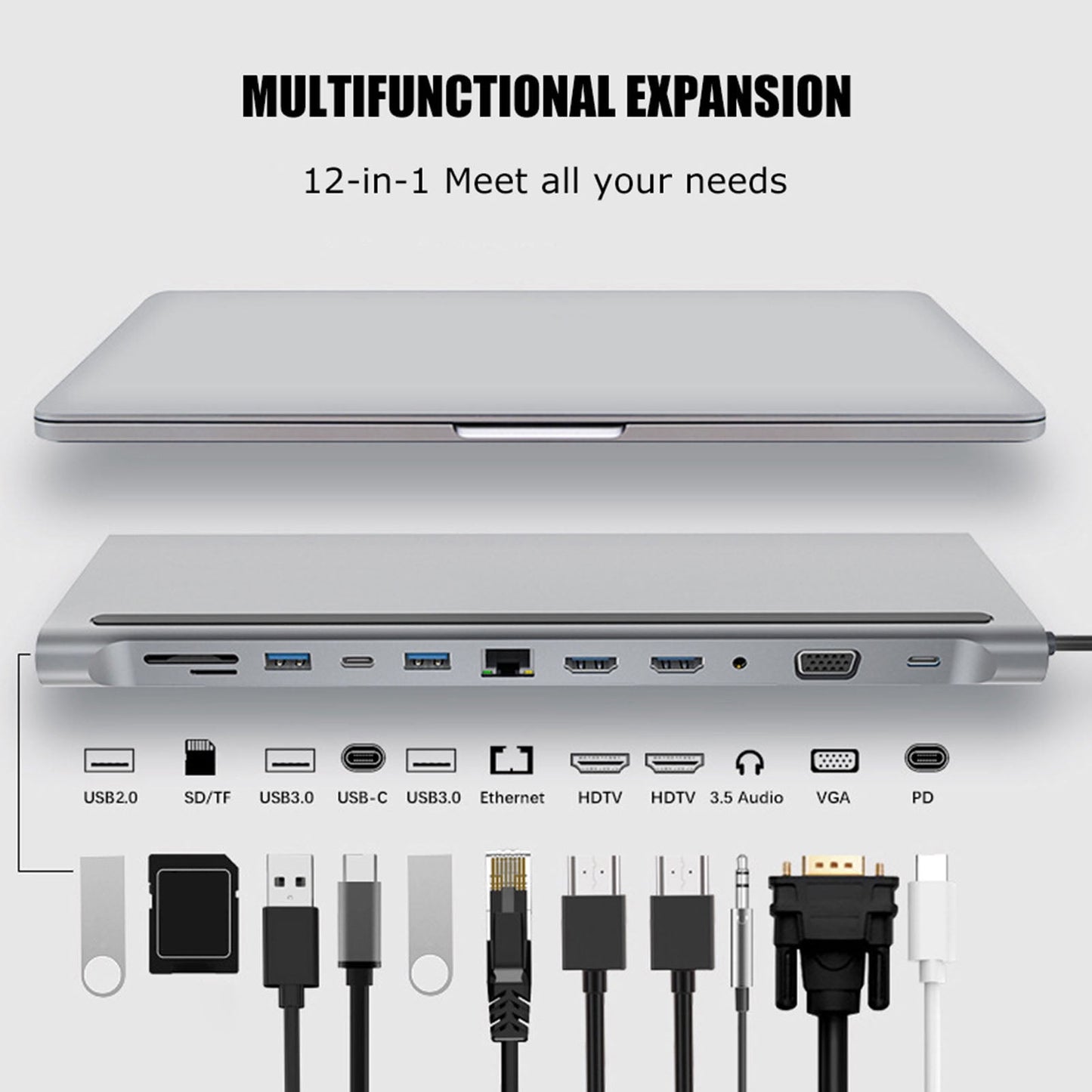 USB C Docking Station 12-in-1 USB C Hub with Dual HD-MI 4K Monitors Ports, 3 USB A Port, 87W PD Charging, TF/SD Card Reader, VGA, RJ45 LAN Port, USB C 3.0 Adapter for PC/Laptop/Phone