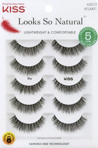 KISS Looks So Natural False Eyelashes Multipack, Lightweight & Comfortable, Tapered End Technology, Reusable, Cruelty-Free, Contact Lens Friendly, Style 'Shy', 5 Pairs Fake Eyelashes