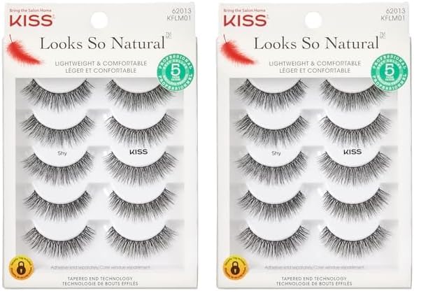 KISS Looks So Natural False Eyelashes Multipack, Lightweight & Comfortable, Tapered End Technology, Reusable, Cruelty-Free, Contact Lens Friendly, Style 'Shy', 5 Pairs Fake Eyelashes