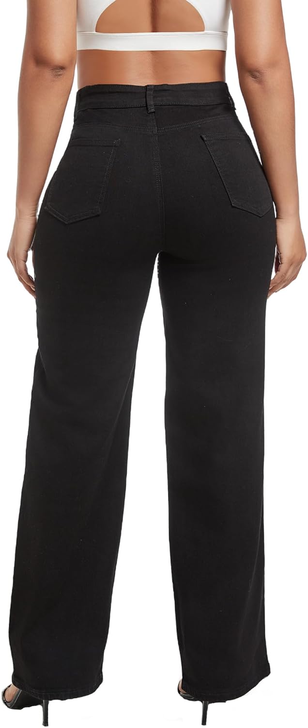 THUNDER STAR Womens High Waisted Wide Leg Jeans Stretchy Distressed Denim Pants