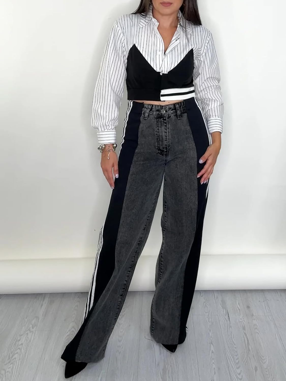 Angsuttc Womens Jeans with Patchwork Stripes High Waisted Stretchy Denim Color Block Straight Wide Leg Trendy Jean