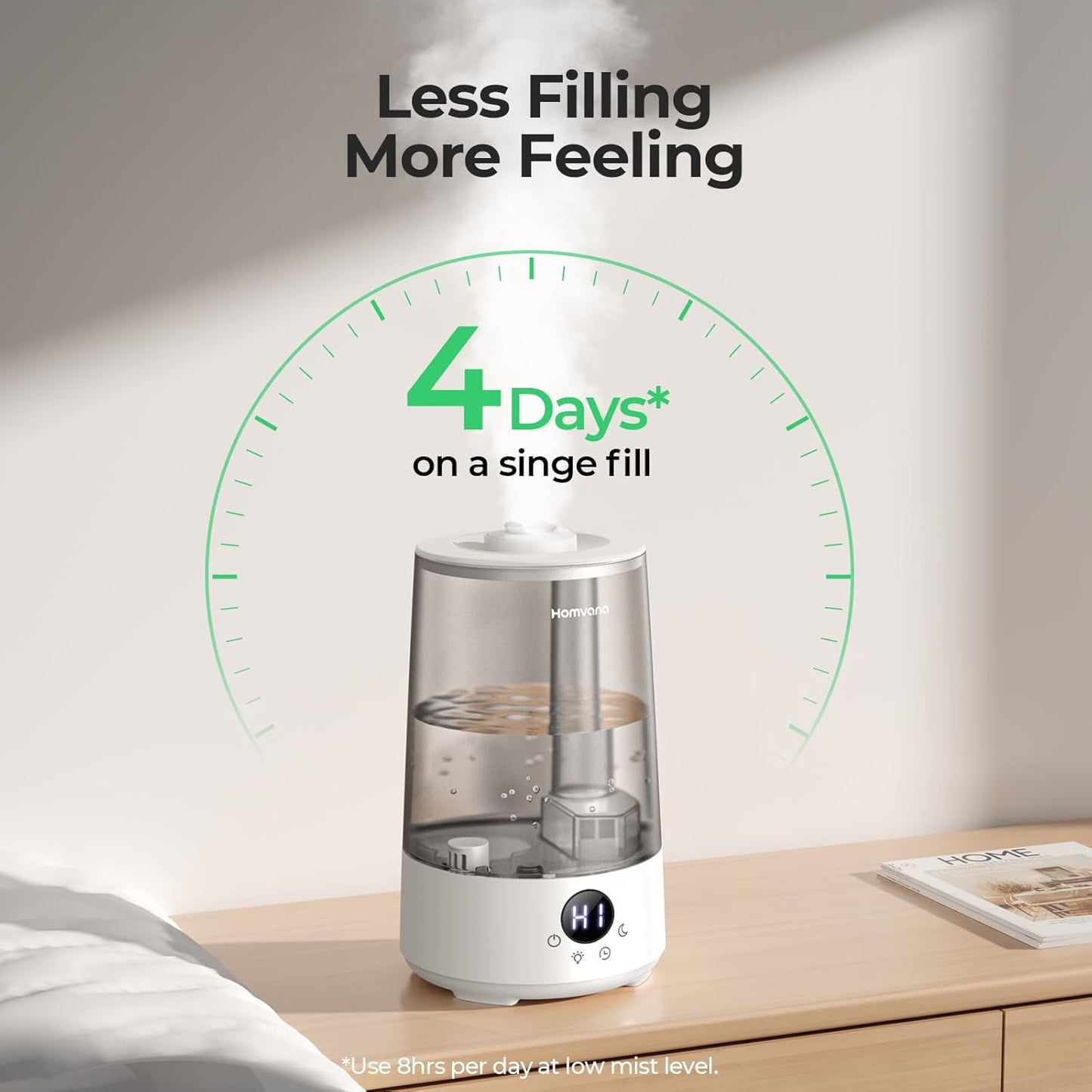 Homvana Humidifiers for Bedroom Home, 3.6 L Cool Mist Top-Fill 34H Super Long Time, Quiet 16dB, Baby Humidifier, Oil Diffuser for Large Room, Plants, Nursery, Office BPA FREE, 7 Color Light Ultrasonic