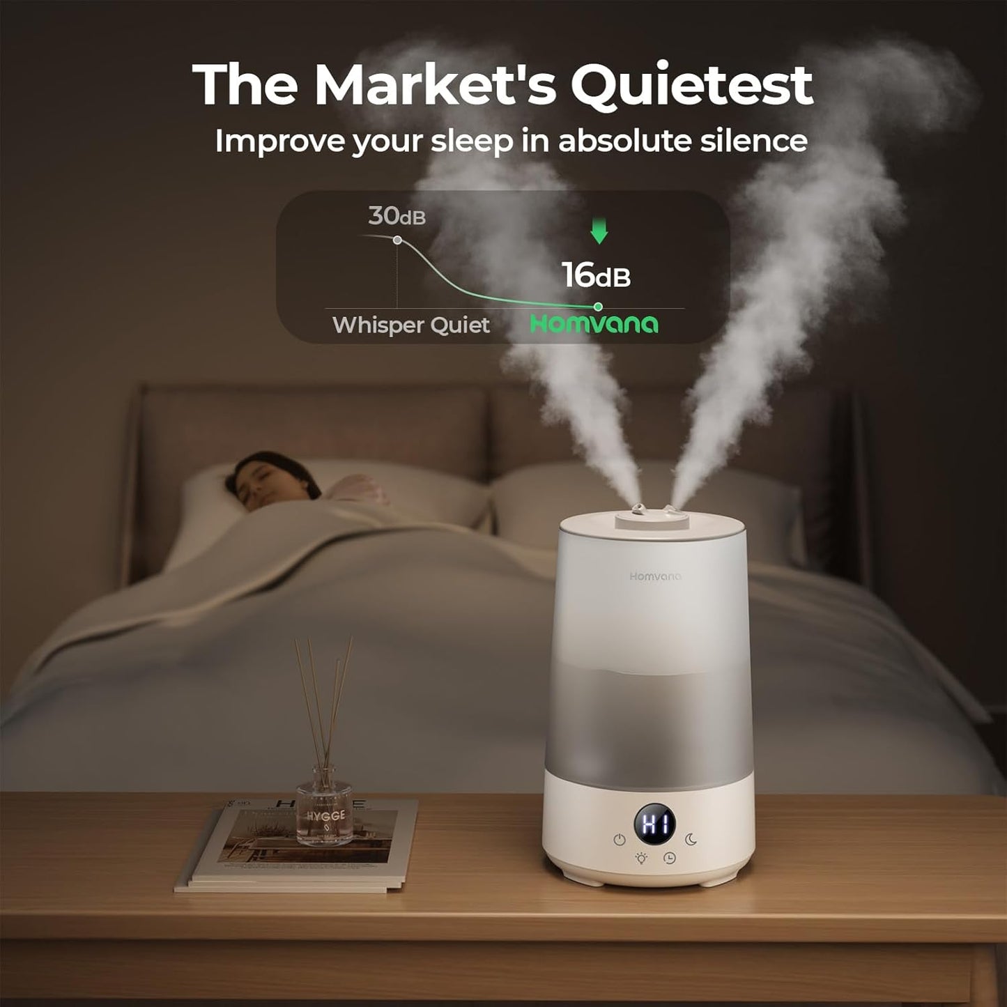 Homvana Humidifiers for Bedroom Home, 3.6 L Cool Mist Top-Fill 34H Super Long Time, Quiet 16dB, Baby Humidifier, Oil Diffuser for Large Room, Plants, Nursery, Office BPA FREE, 7 Color Light Ultrasonic