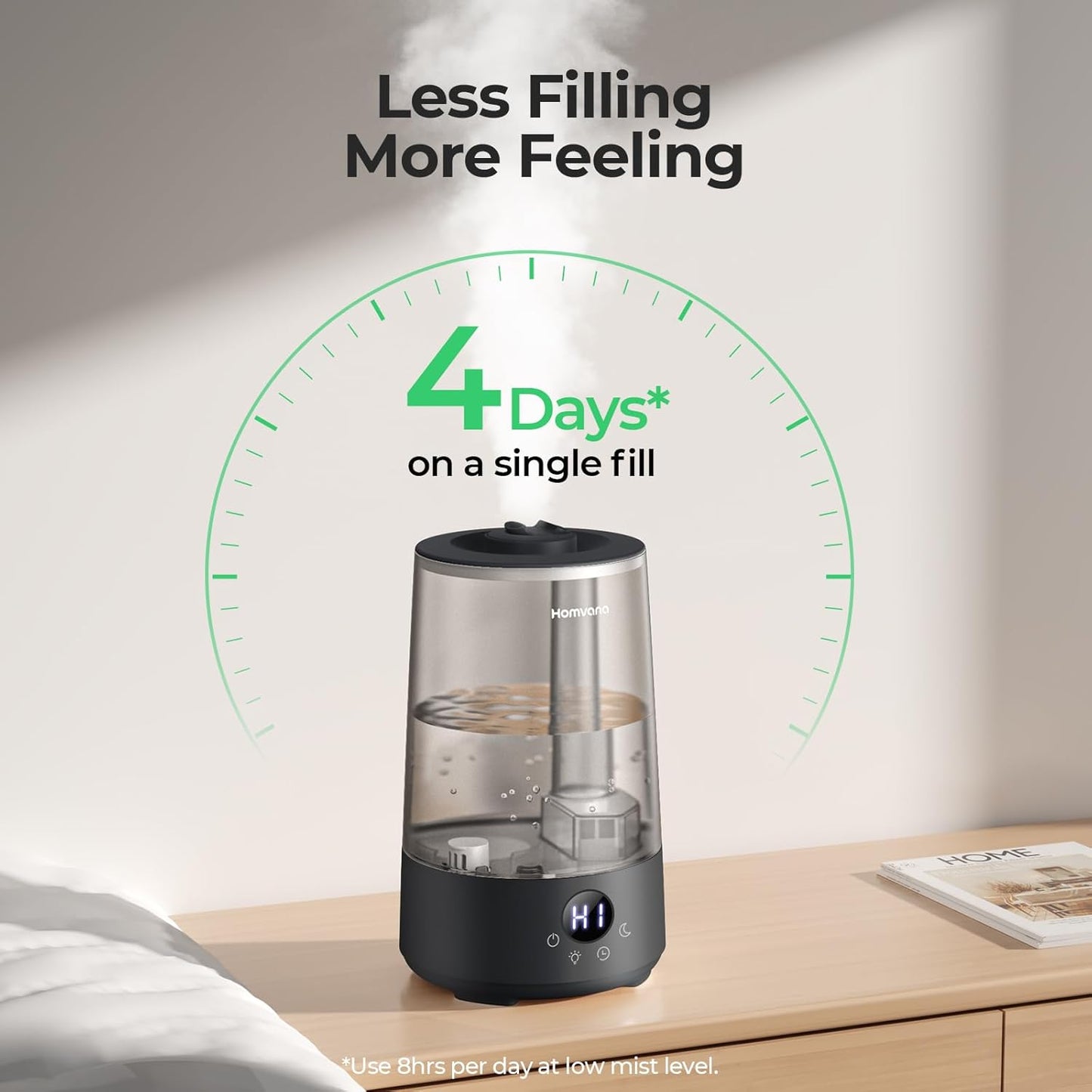 Homvana Humidifiers for Bedroom Home, 3.6 L Cool Mist Top-Fill 34H Super Long Time, Quiet 16dB, Baby Humidifier, Oil Diffuser for Large Room, Plants, Nursery, Office BPA FREE, 7 Color Light Ultrasonic