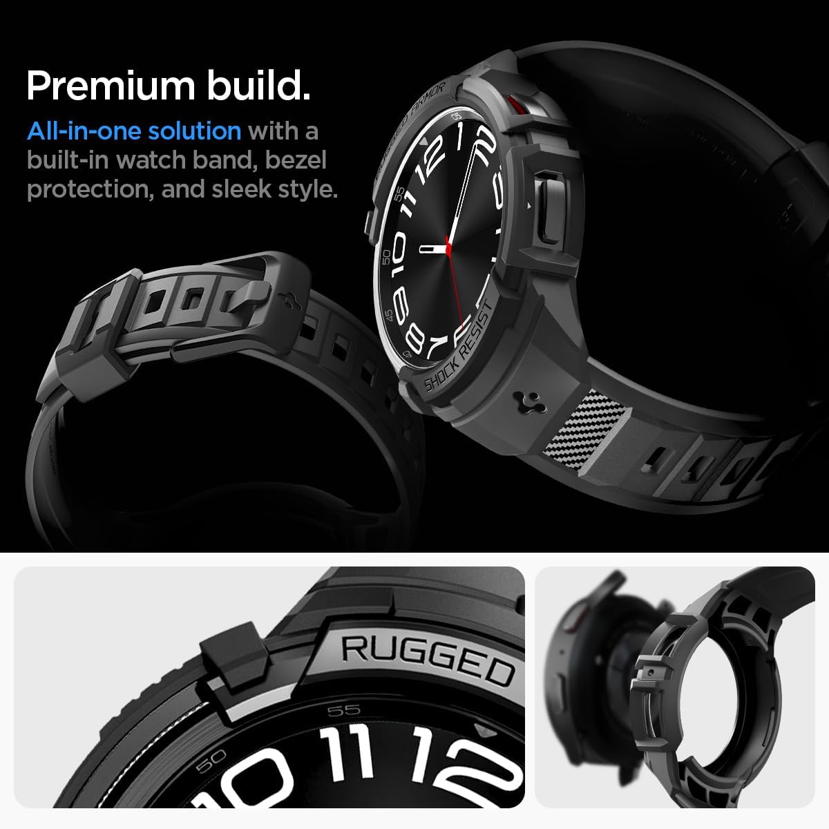Spigen Rugged Armor Pro Designed for Samsung Galaxy Watch 6 Classic 47mm Case with Band, Rugged Galaxy Watch Band with Protective Case (2023) - Black