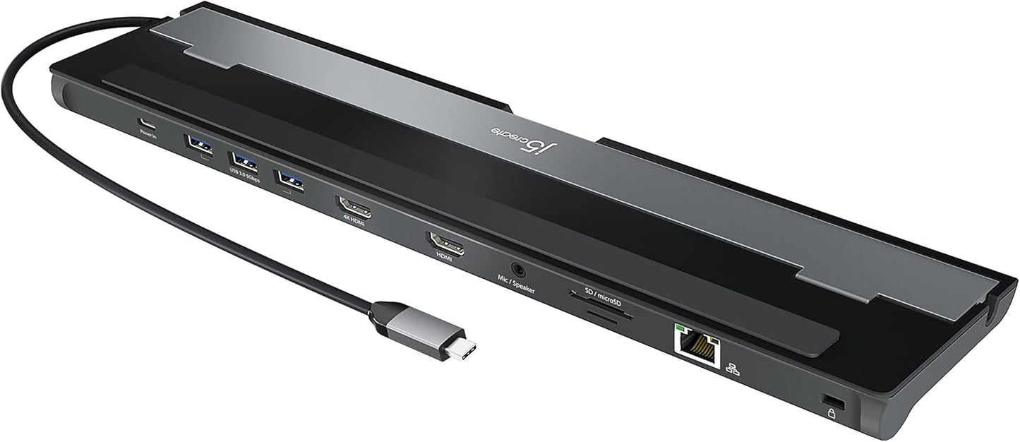 j5create USB-C Dual HDMI Docking Station (10-in-1), 4K + 1080p Dual HDMI Display, 5Gbps USB-A x3, SD Card Reader, PD 100W, RJ45 Ethernet, Combo Audio Jack, for MacBook and Windows Laptop (JCD542)