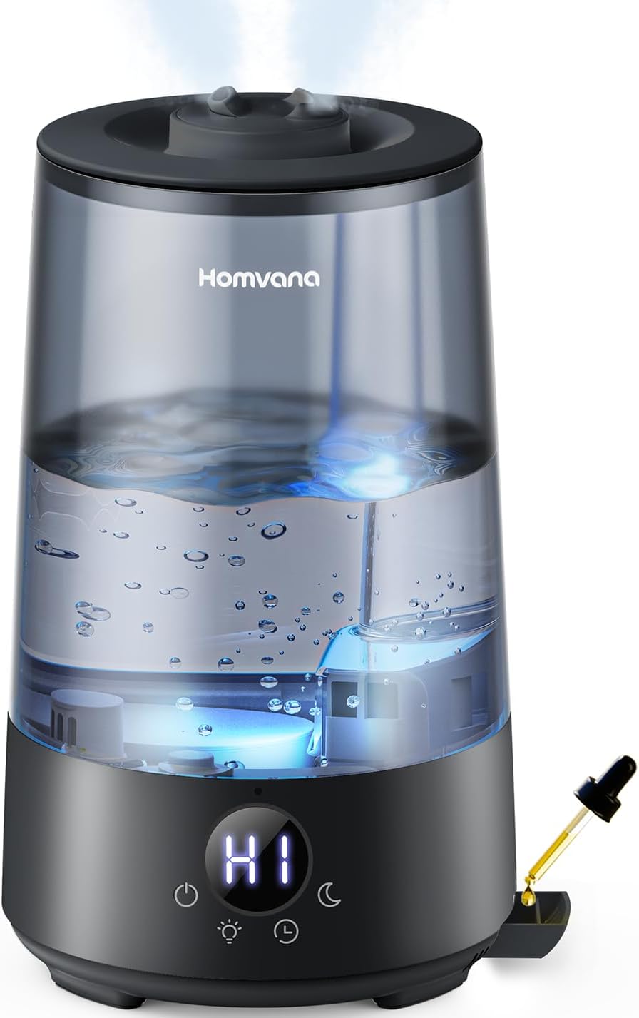 Homvana Humidifiers for Bedroom Home, 3.6 L Cool Mist Top-Fill 34H Super Long Time, Quiet 16dB, Baby Humidifier, Oil Diffuser for Large Room, Plants, Nursery, Office BPA FREE, 7 Color Light Ultrasonic