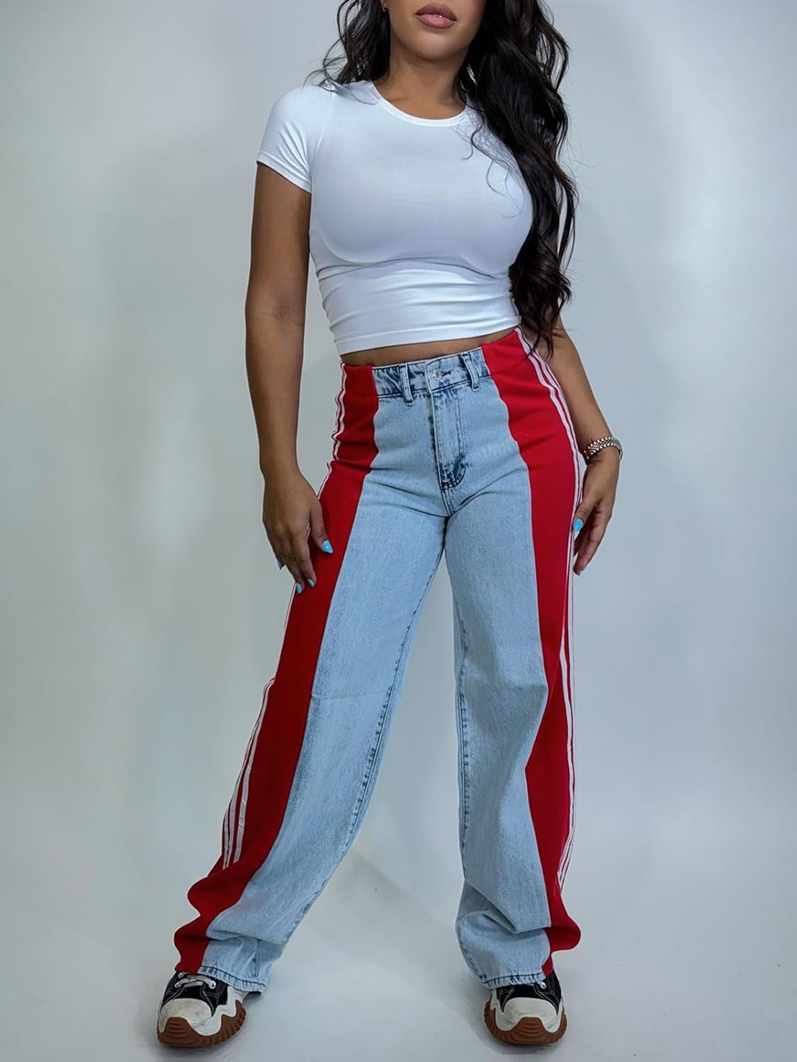 Angsuttc Womens Jeans with Patchwork Stripes High Waisted Stretchy Denim Color Block Straight Wide Leg Trendy Jean