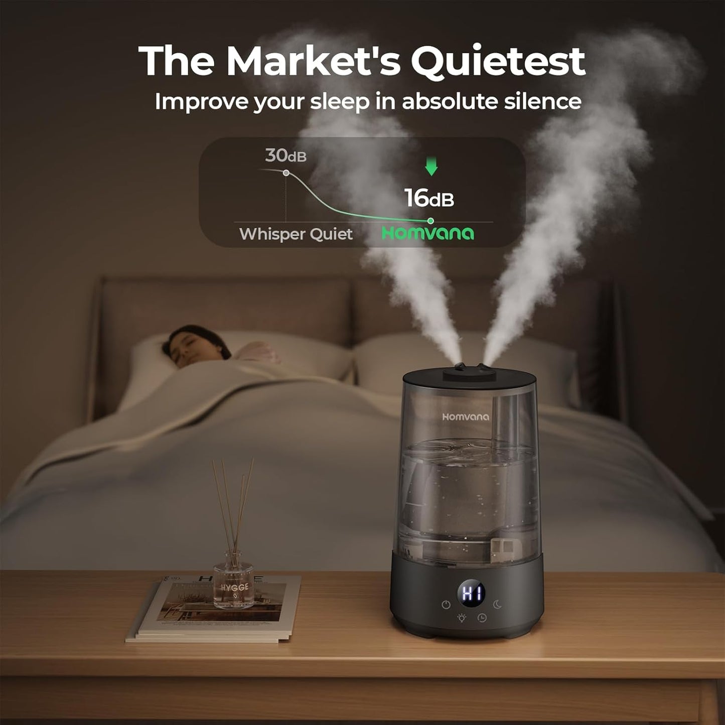 Homvana Humidifiers for Bedroom Home, 3.6 L Cool Mist Top-Fill 34H Super Long Time, Quiet 16dB, Baby Humidifier, Oil Diffuser for Large Room, Plants, Nursery, Office BPA FREE, 7 Color Light Ultrasonic