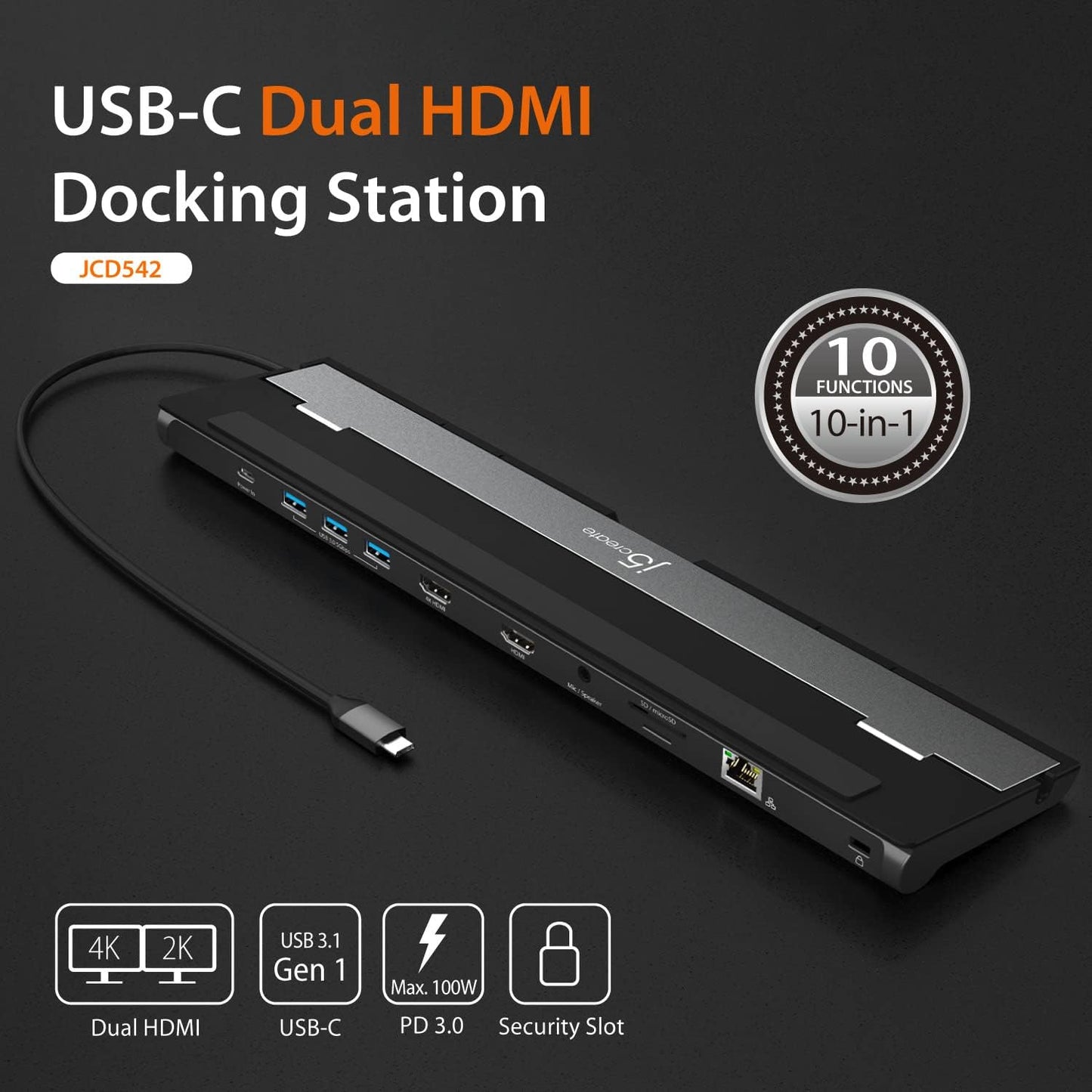 j5create USB-C Dual HDMI Docking Station (10-in-1), 4K + 1080p Dual HDMI Display, 5Gbps USB-A x3, SD Card Reader, PD 100W, RJ45 Ethernet, Combo Audio Jack, for MacBook and Windows Laptop (JCD542)