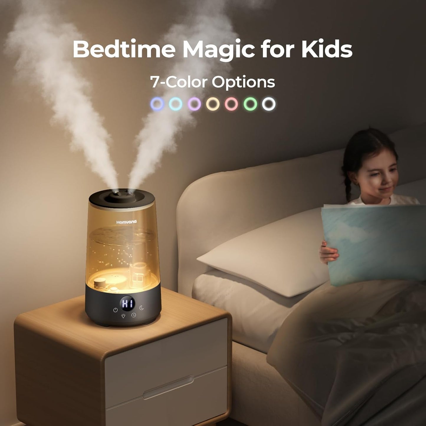 Homvana Humidifiers for Bedroom Home, 3.6 L Cool Mist Top-Fill 34H Super Long Time, Quiet 16dB, Baby Humidifier, Oil Diffuser for Large Room, Plants, Nursery, Office BPA FREE, 7 Color Light Ultrasonic
