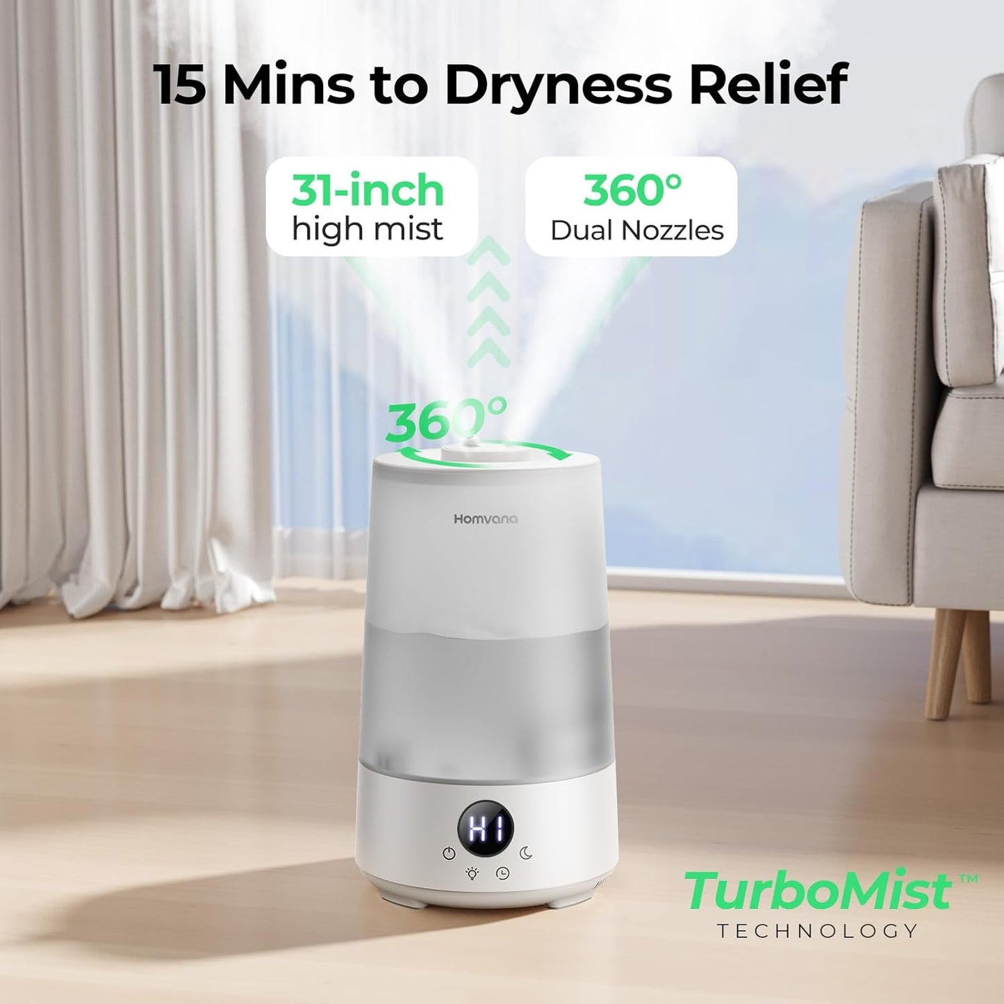 Homvana Humidifiers for Bedroom Home, 3.6 L Cool Mist Top-Fill 34H Super Long Time, Quiet 16dB, Baby Humidifier, Oil Diffuser for Large Room, Plants, Nursery, Office BPA FREE, 7 Color Light Ultrasonic