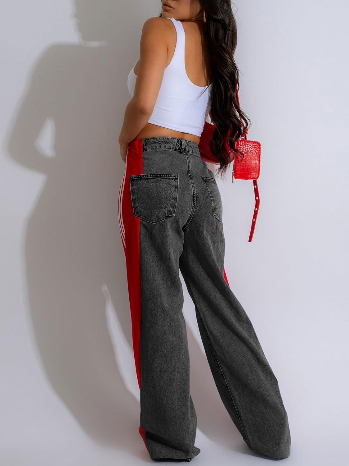 Angsuttc Womens Jeans with Patchwork Stripes High Waisted Stretchy Denim Color Block Straight Wide Leg Trendy Jean