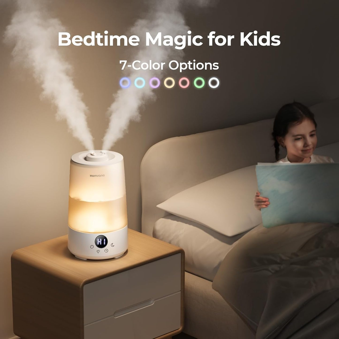 Homvana Humidifiers for Bedroom Home, 3.6 L Cool Mist Top-Fill 34H Super Long Time, Quiet 16dB, Baby Humidifier, Oil Diffuser for Large Room, Plants, Nursery, Office BPA FREE, 7 Color Light Ultrasonic