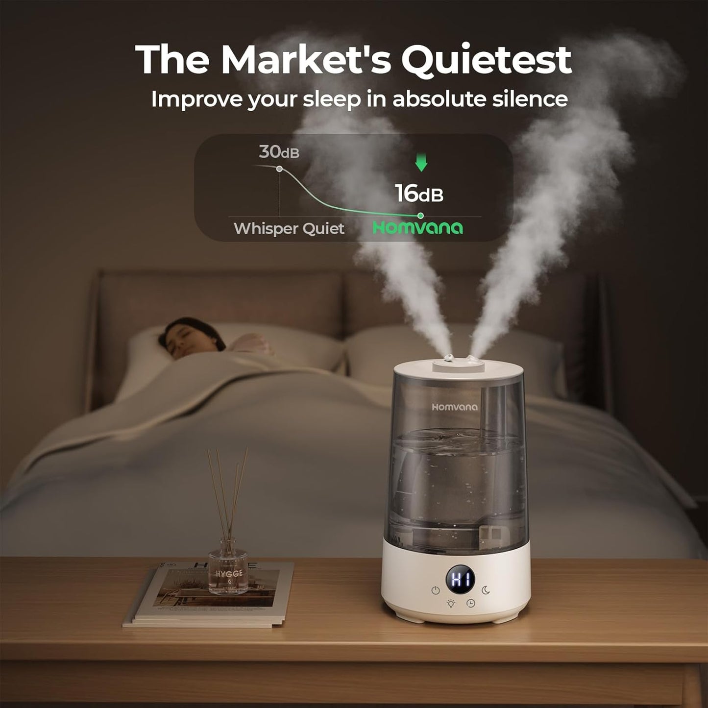 Homvana Humidifiers for Bedroom Home, 3.6 L Cool Mist Top-Fill 34H Super Long Time, Quiet 16dB, Baby Humidifier, Oil Diffuser for Large Room, Plants, Nursery, Office BPA FREE, 7 Color Light Ultrasonic
