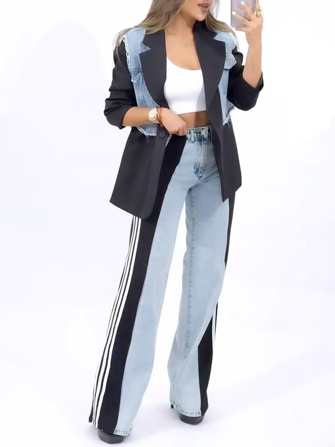Angsuttc Womens Jeans with Patchwork Stripes High Waisted Stretchy Denim Color Block Straight Wide Leg Trendy Jean