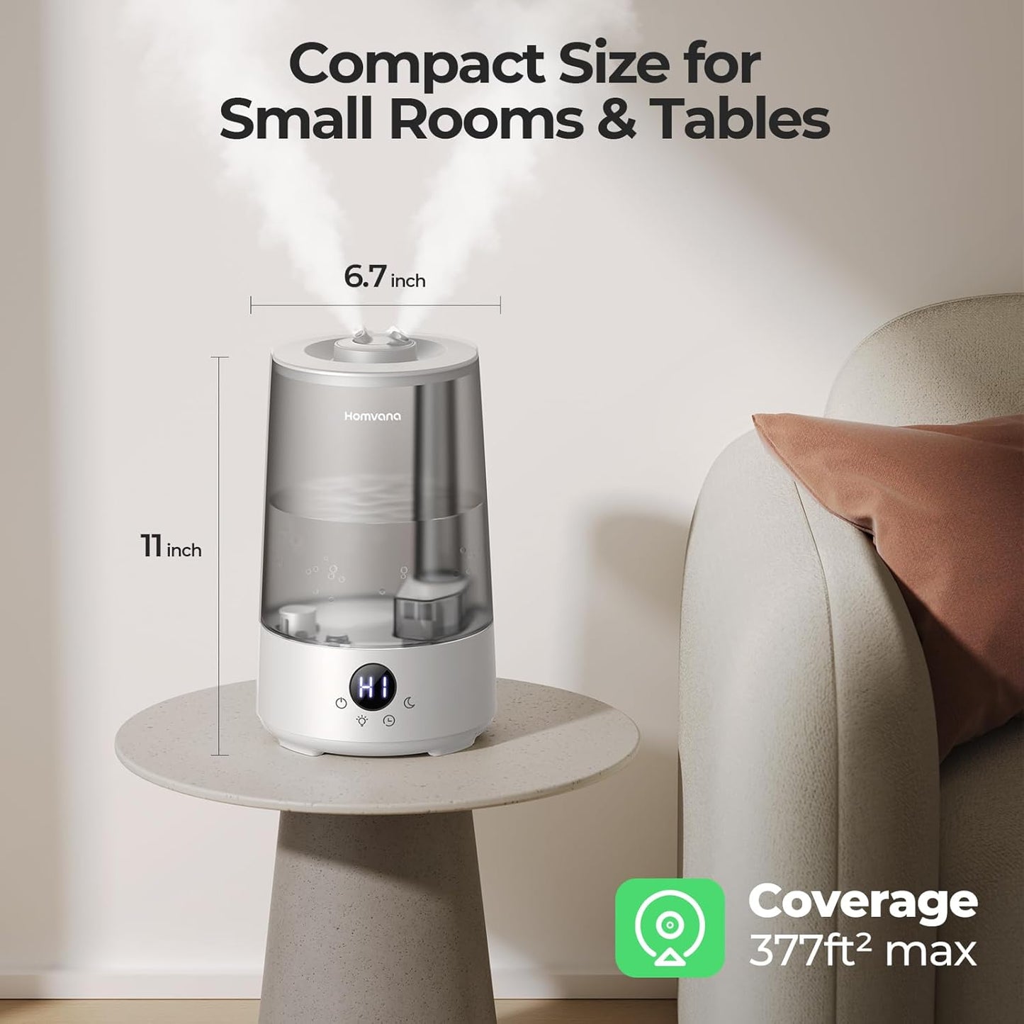 Homvana Humidifiers for Bedroom Home, 3.6 L Cool Mist Top-Fill 34H Super Long Time, Quiet 16dB, Baby Humidifier, Oil Diffuser for Large Room, Plants, Nursery, Office BPA FREE, 7 Color Light Ultrasonic