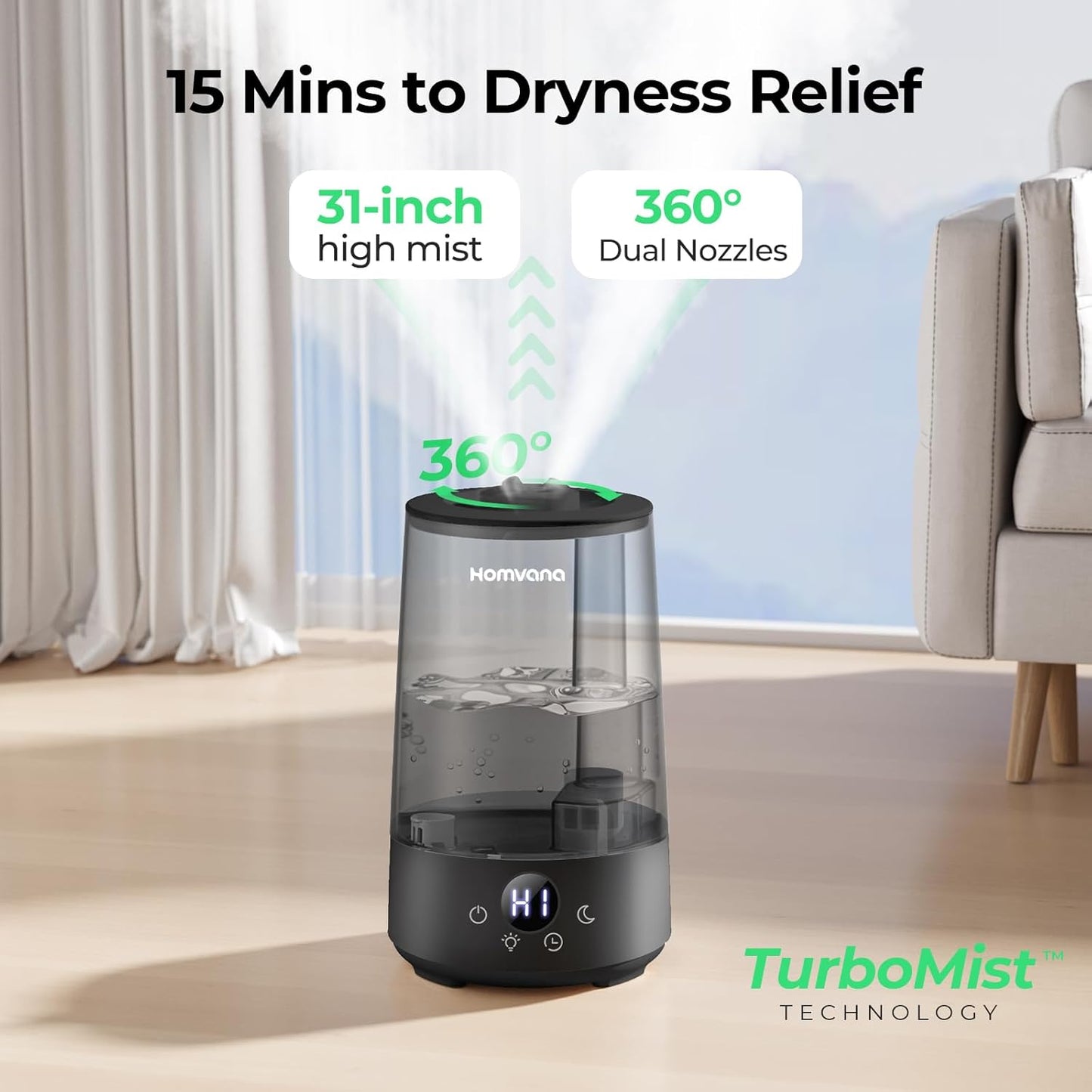 Homvana Humidifiers for Bedroom Home, 3.6 L Cool Mist Top-Fill 34H Super Long Time, Quiet 16dB, Baby Humidifier, Oil Diffuser for Large Room, Plants, Nursery, Office BPA FREE, 7 Color Light Ultrasonic