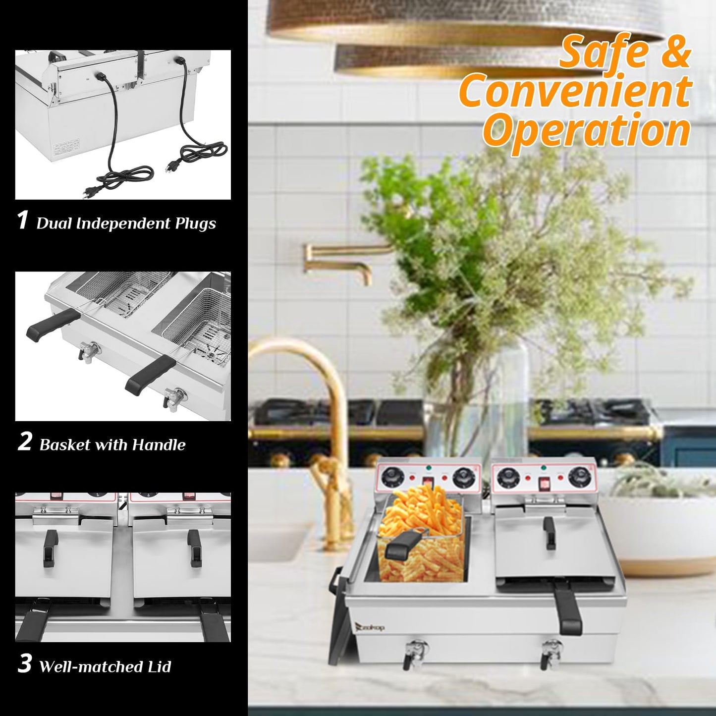 Winado 24.9QT Capacity Electric Deep Fryer with Time Control & Oil Filtration, Countertop Dual Tank Fryers w/Drain & Temperature Control &Baskets & Lids, for Home & Commercial 3400W 60Hz 110V