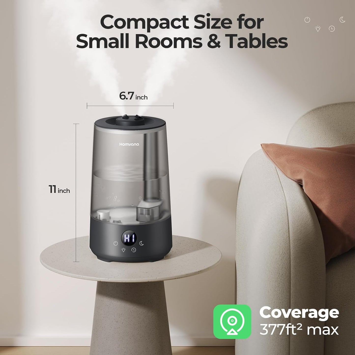Homvana Humidifiers for Bedroom Home, 3.6 L Cool Mist Top-Fill 34H Super Long Time, Quiet 16dB, Baby Humidifier, Oil Diffuser for Large Room, Plants, Nursery, Office BPA FREE, 7 Color Light Ultrasonic