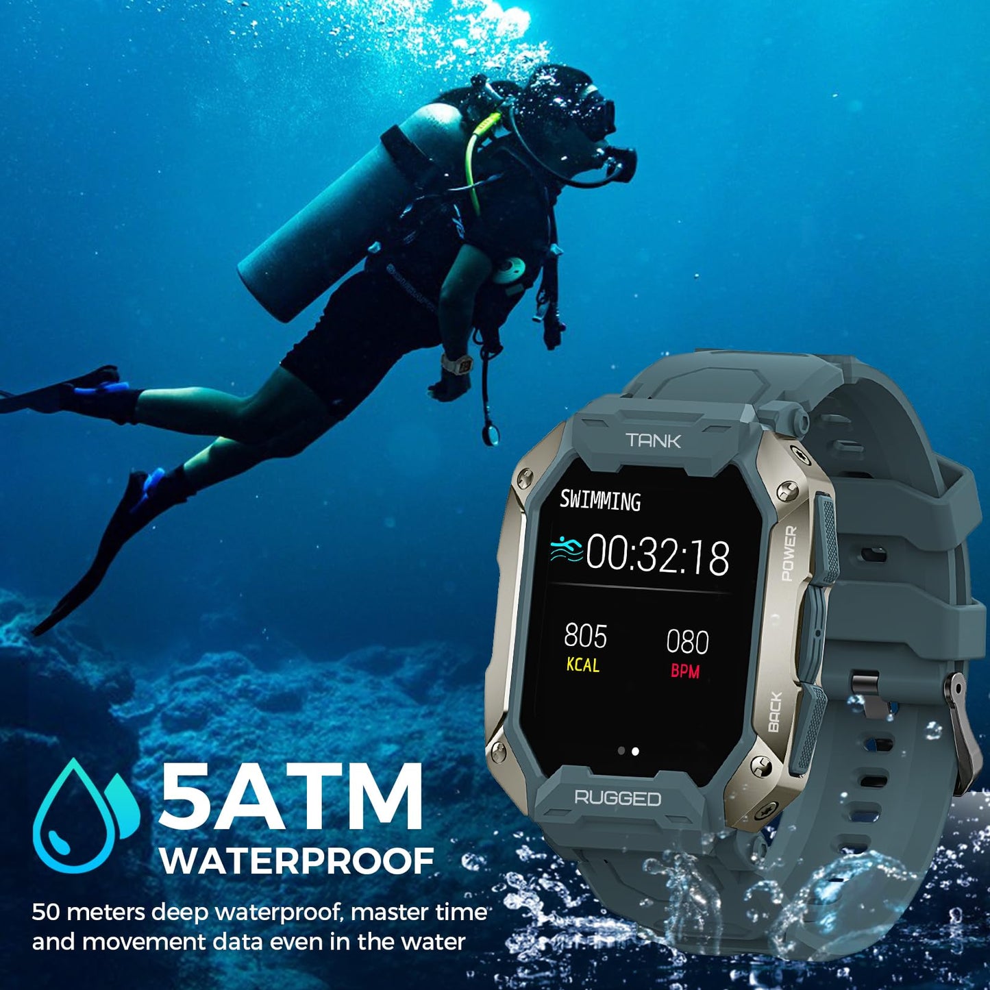 AMAZTIM Smart Watches for Men,50M Waterproof Rugged Military Grade Bluetooth Call(Answer/Dial Calls),Health Tracker for Android Phones and iPhone Compatible,1.72" Heart Rate Watch