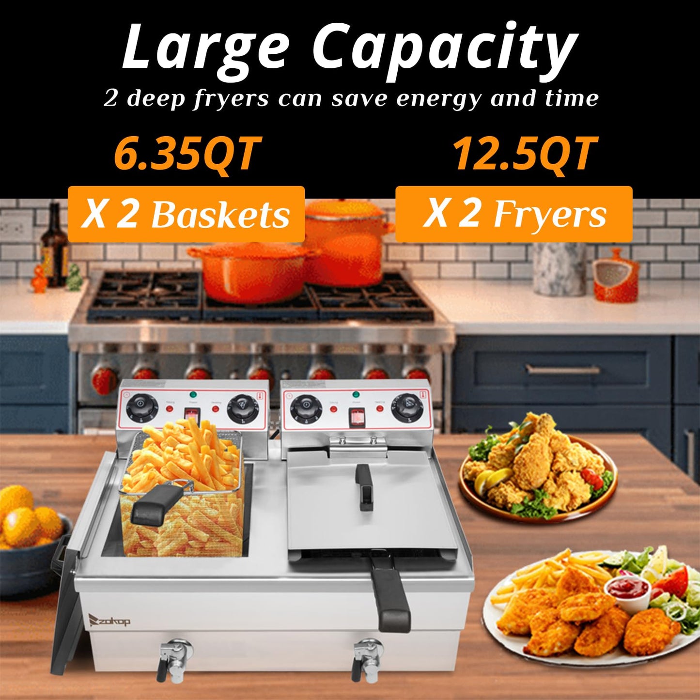 Winado 24.9QT Capacity Electric Deep Fryer with Time Control & Oil Filtration, Countertop Dual Tank Fryers w/Drain & Temperature Control &Baskets & Lids, for Home & Commercial 3400W 60Hz 110V