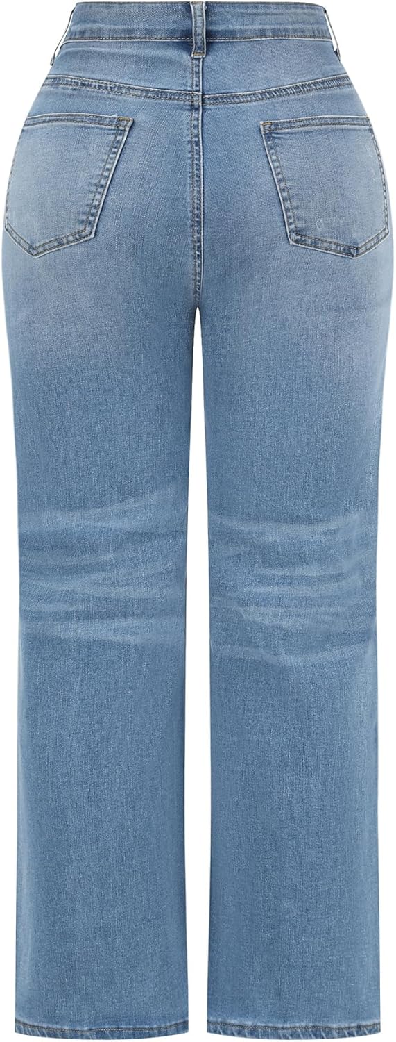 THUNDER STAR Womens High Waisted Wide Leg Jeans Stretchy Distressed Denim Pants