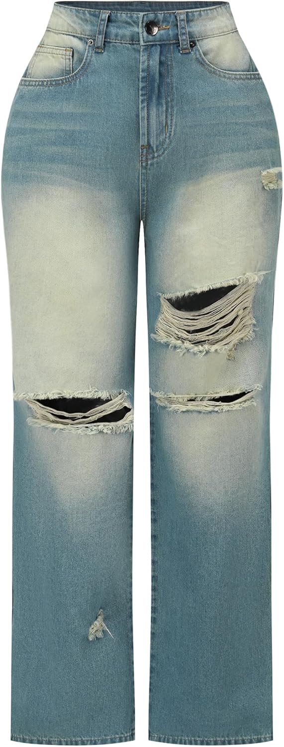 THUNDER STAR Womens High Waisted Wide Leg Jeans Stretchy Distressed Denim Pants