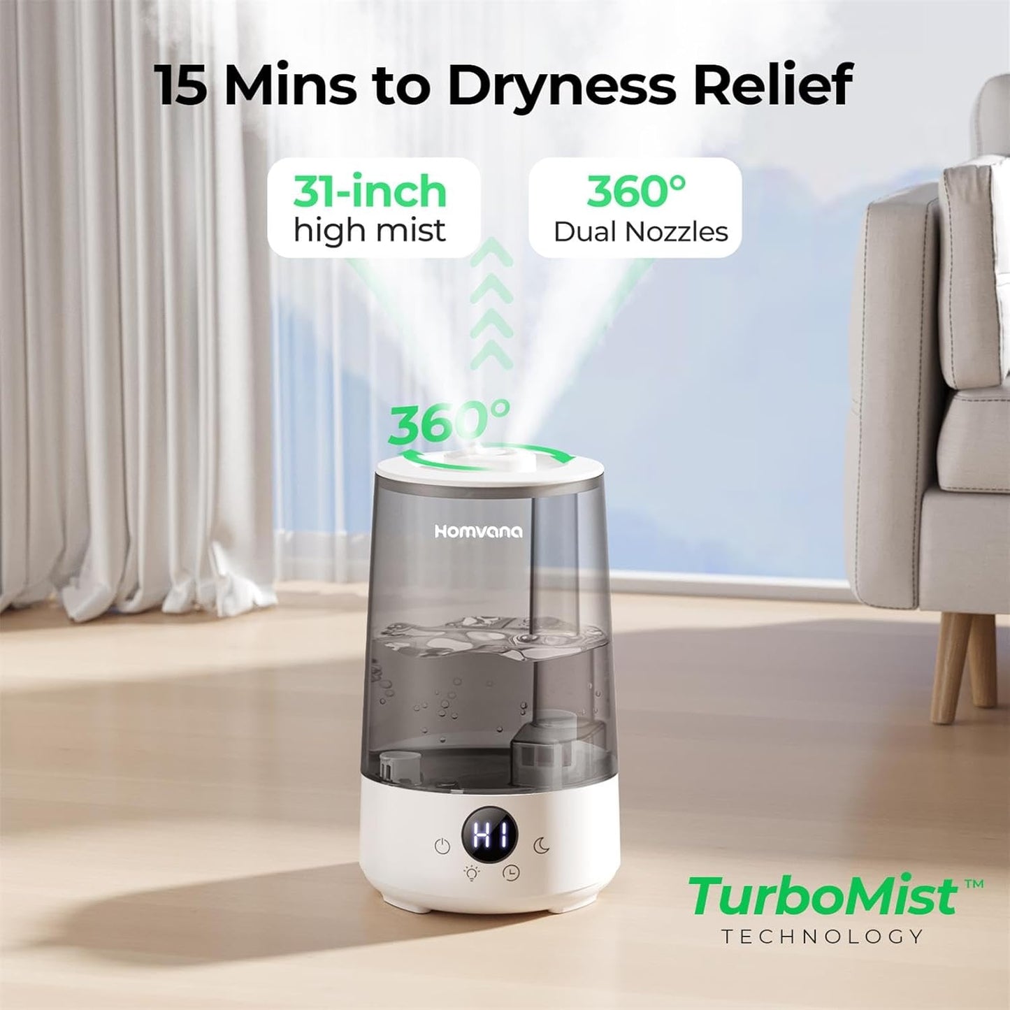 Homvana Humidifiers for Bedroom Home, 3.6 L Cool Mist Top-Fill 34H Super Long Time, Quiet 16dB, Baby Humidifier, Oil Diffuser for Large Room, Plants, Nursery, Office BPA FREE, 7 Color Light Ultrasonic