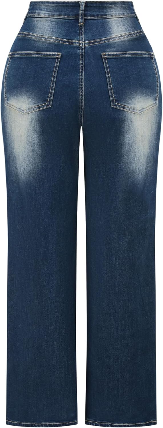THUNDER STAR Womens High Waisted Wide Leg Jeans Stretchy Distressed Denim Pants