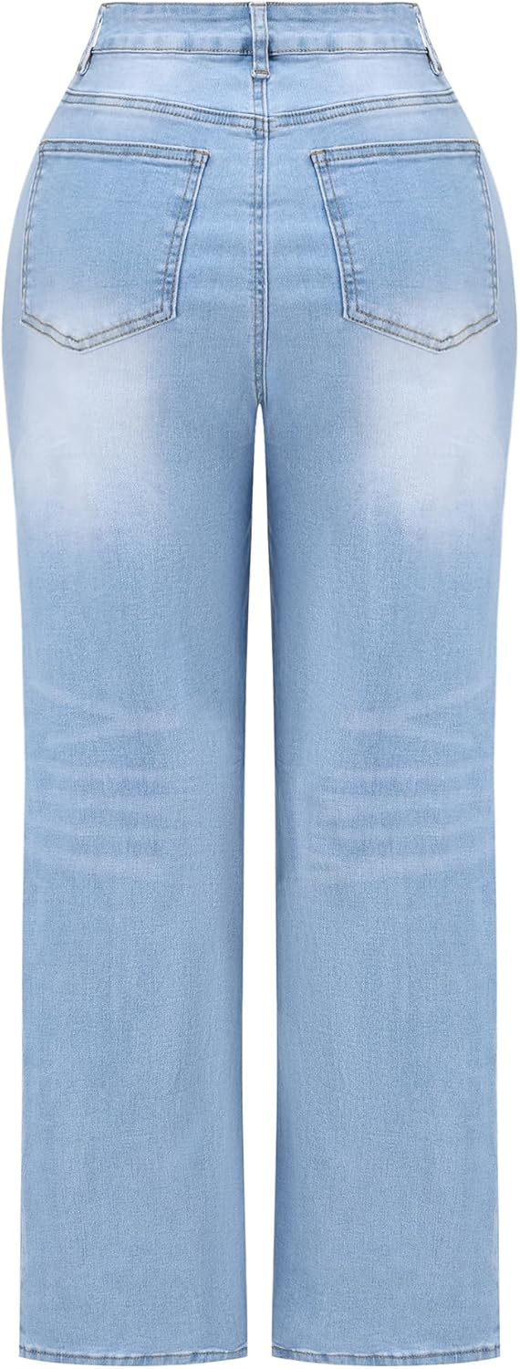 THUNDER STAR Womens High Waisted Wide Leg Jeans Stretchy Distressed Denim Pants