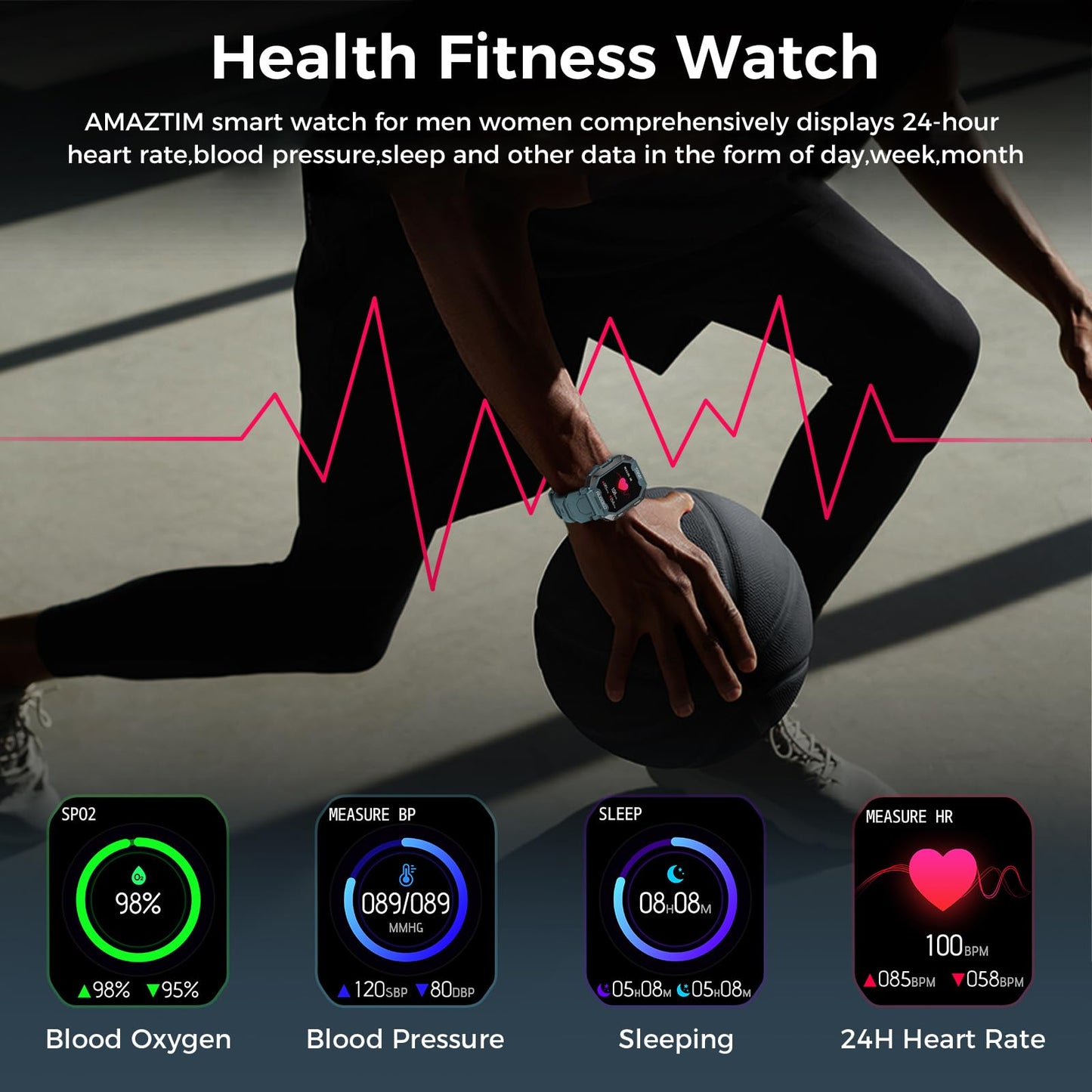 AMAZTIM Smart Watches for Men,50M Waterproof Rugged Military Grade Bluetooth Call(Answer/Dial Calls),Health Tracker for Android Phones and iPhone Compatible,1.72" Heart Rate Watch