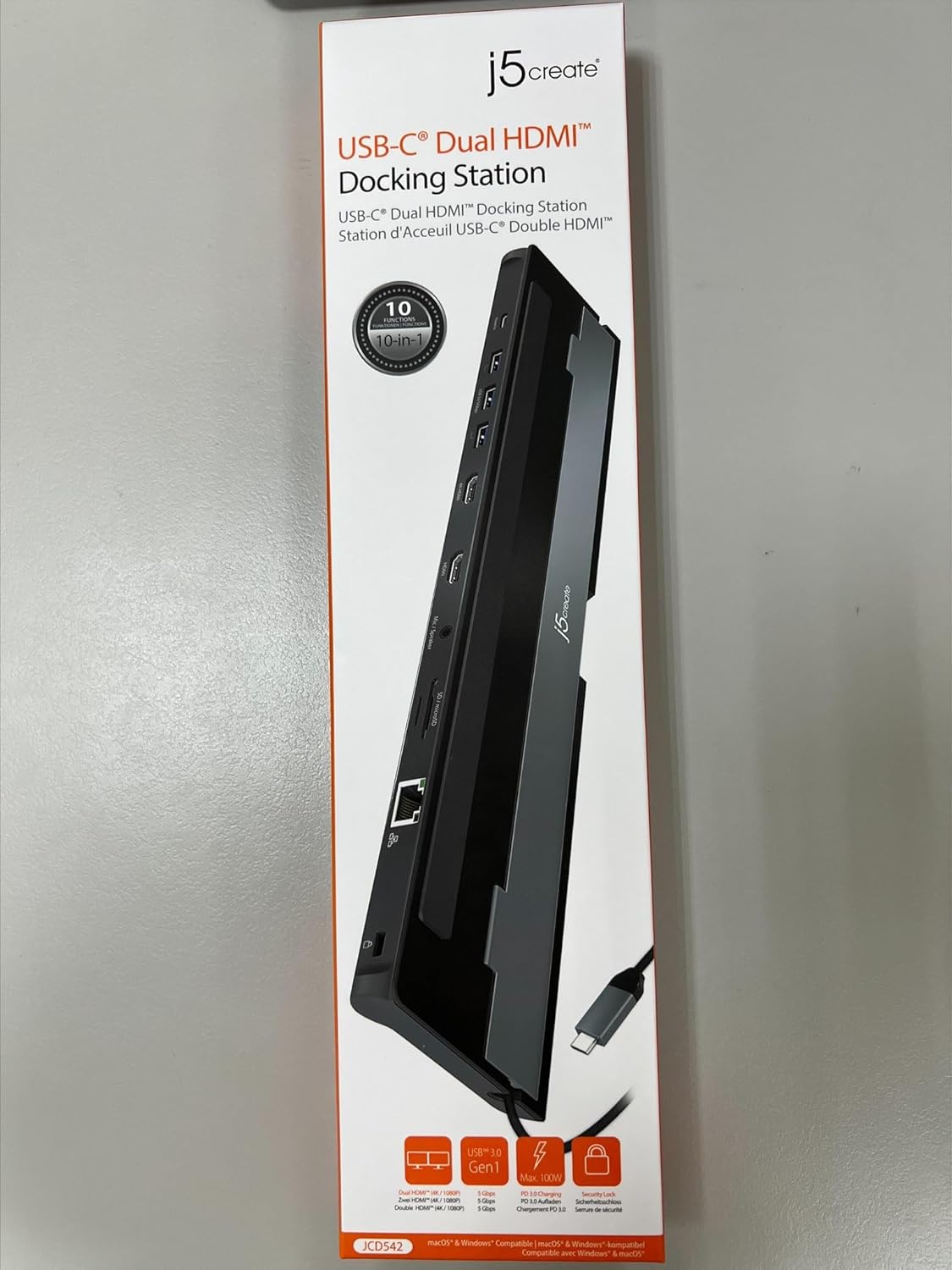 j5create USB-C Dual HDMI Docking Station (10-in-1), 4K + 1080p Dual HDMI Display, 5Gbps USB-A x3, SD Card Reader, PD 100W, RJ45 Ethernet, Combo Audio Jack, for MacBook and Windows Laptop (JCD542)