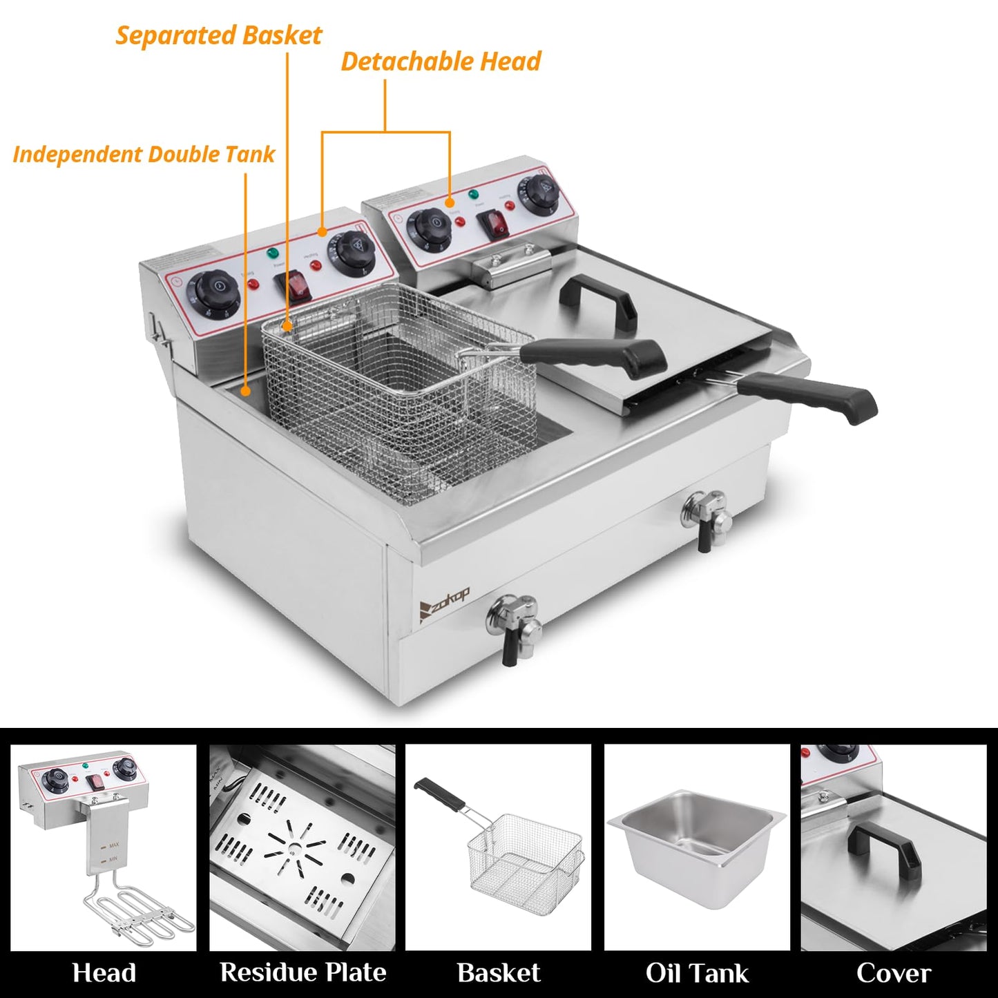Winado 24.9QT Capacity Electric Deep Fryer with Time Control & Oil Filtration, Countertop Dual Tank Fryers w/Drain & Temperature Control &Baskets & Lids, for Home & Commercial 3400W 60Hz 110V