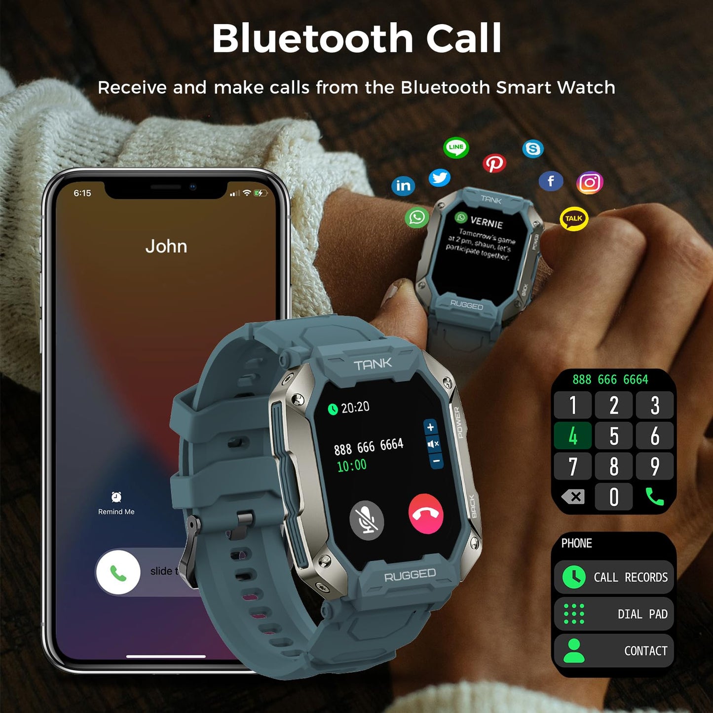 AMAZTIM Smart Watches for Men,50M Waterproof Rugged Military Grade Bluetooth Call(Answer/Dial Calls),Health Tracker for Android Phones and iPhone Compatible,1.72" Heart Rate Watch