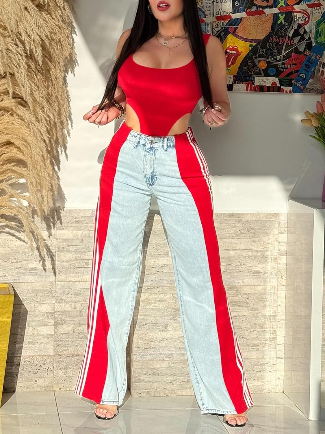 Angsuttc Womens Jeans with Patchwork Stripes High Waisted Stretchy Denim Color Block Straight Wide Leg Trendy Jean