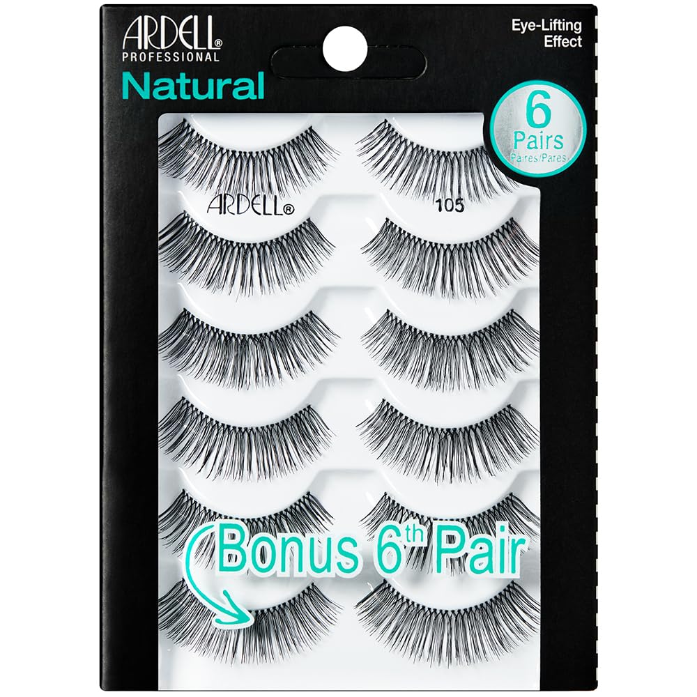 Ardell False Eyelashes Natural 105 - Black, Full Volume, Reusable Lashes for Natural Look, Premium Strip Lashes, 5 Pairs, 1 Pack