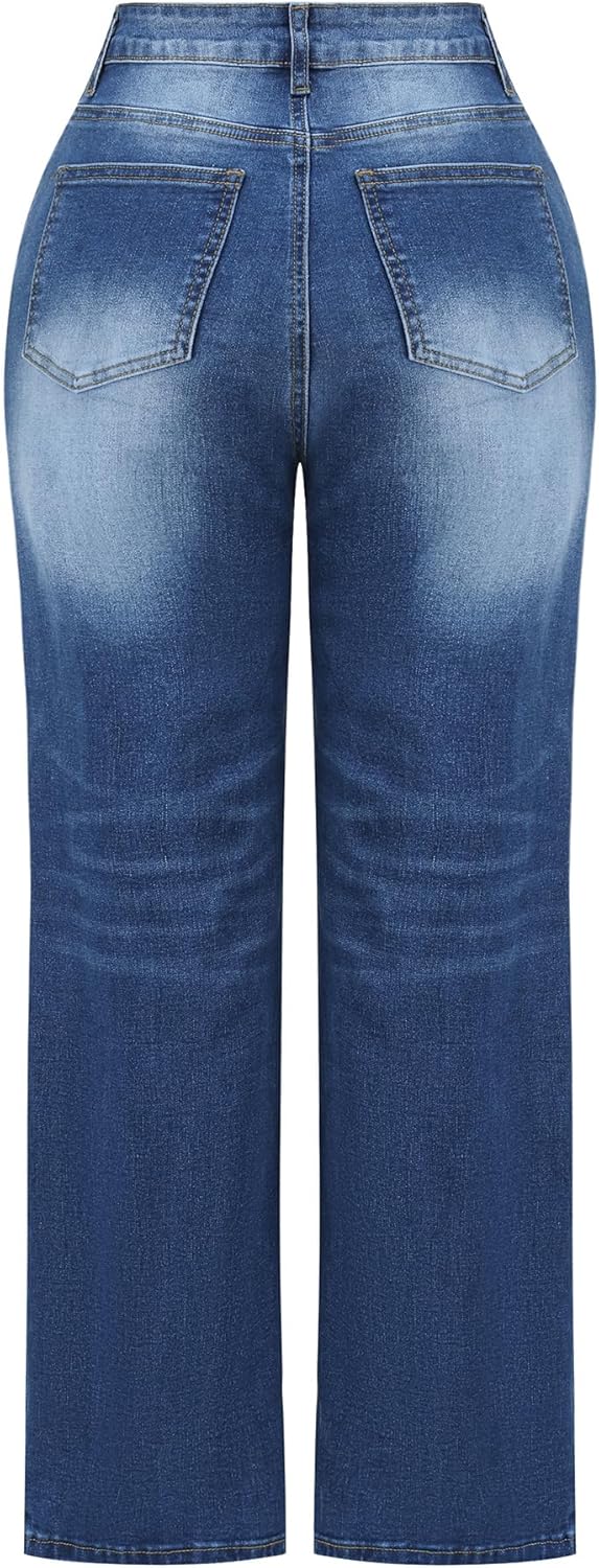 THUNDER STAR Womens High Waisted Wide Leg Jeans Stretchy Distressed Denim Pants