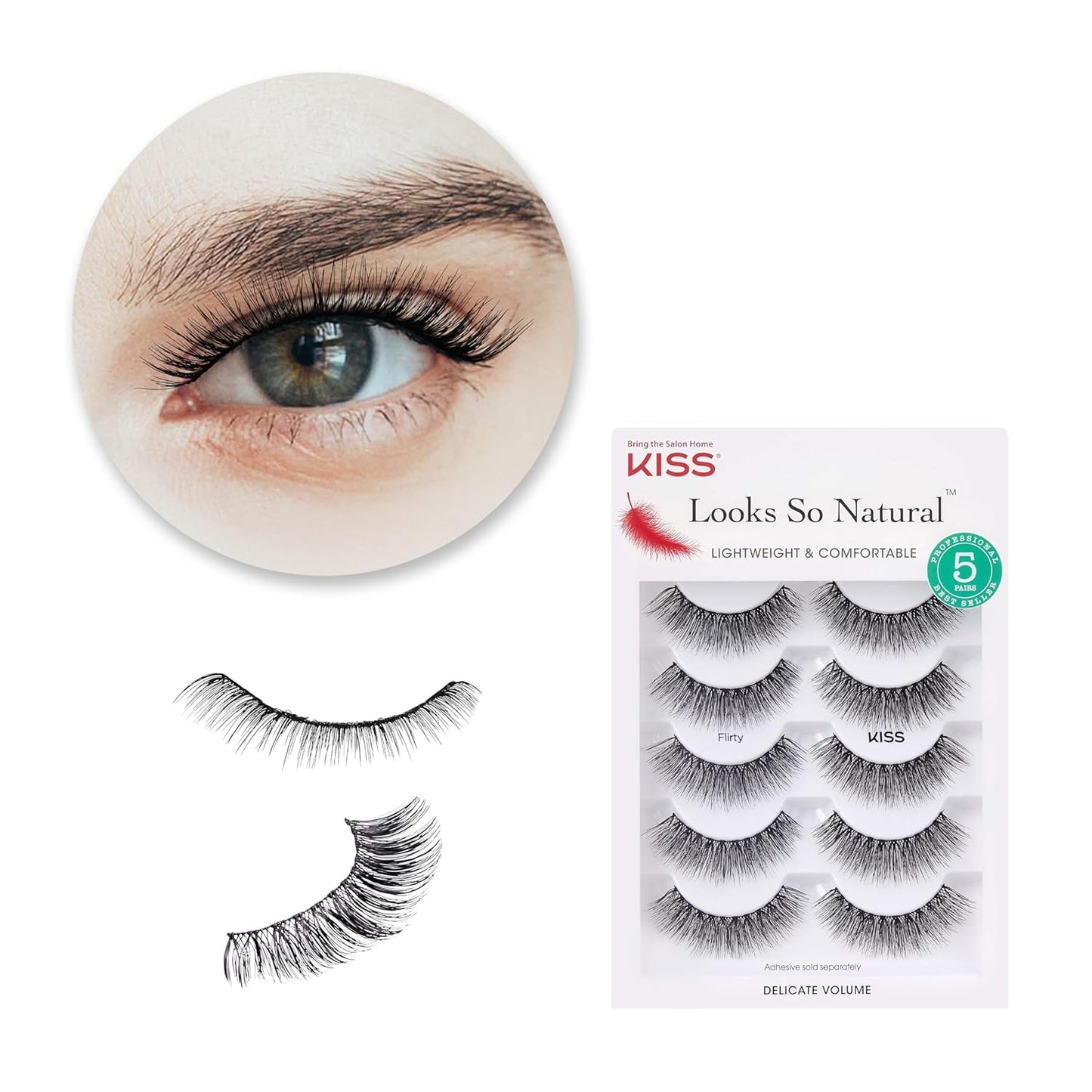 KISS Looks So Natural False Eyelashes Multipack, Lightweight & Comfortable, Tapered End Technology, Reusable, Cruelty-Free, Contact Lens Friendly, Style 'Shy', 5 Pairs Fake Eyelashes