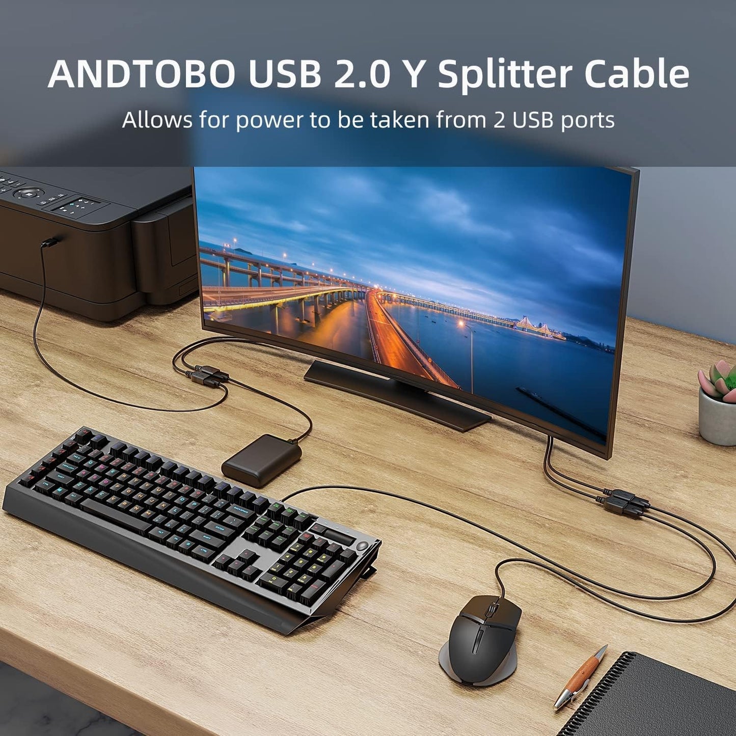 ANDTOBO 【2024 Upgraded】 USB 2.0 A Male to 2 Dual USB Female Jack Y Splitter Hub Power Cord Extension Adapter Cable