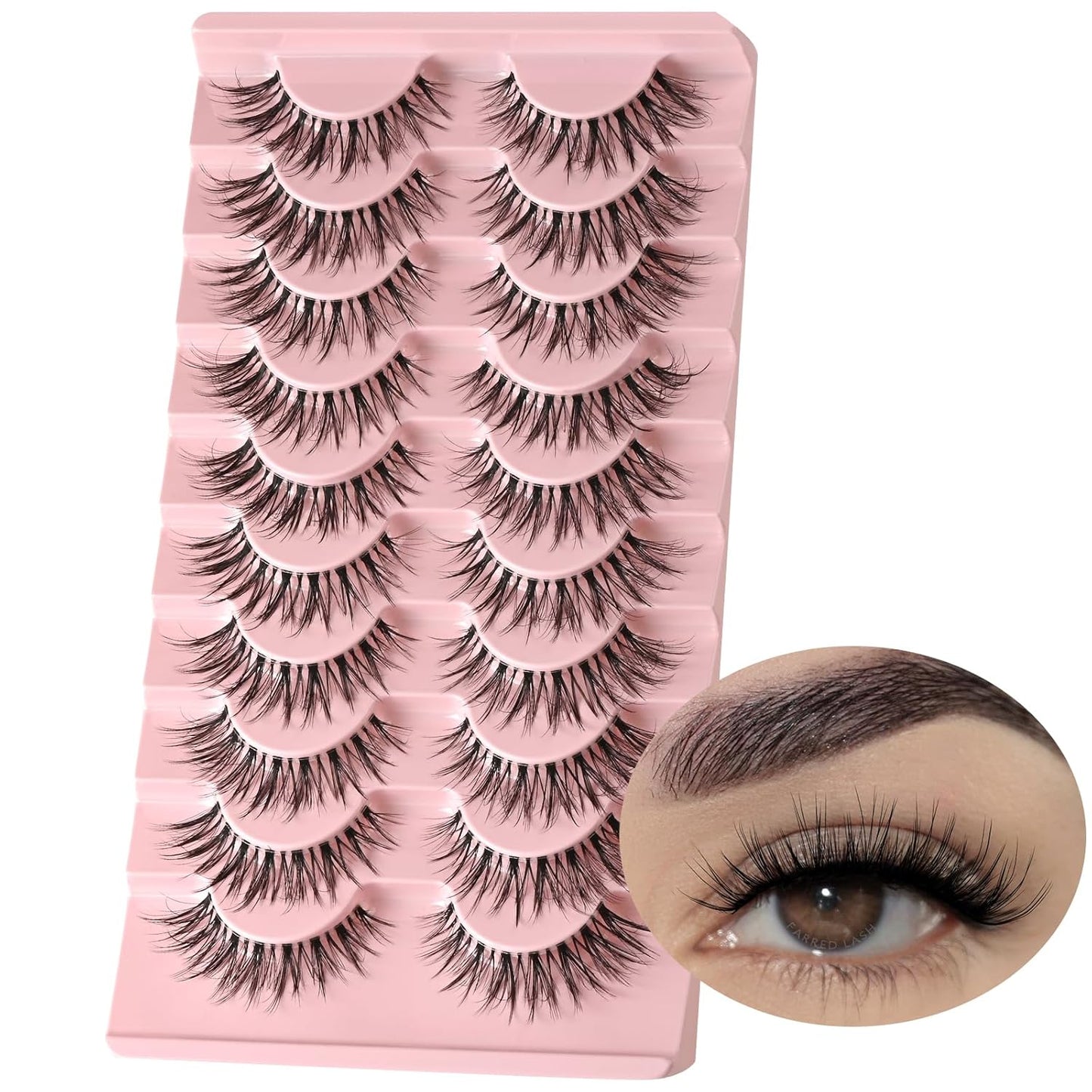 FARRED Natural Lashes Wispy False Eyelashes Fake Cat Eye Lashes Pack 10 Pairs Natural Look Lash Strips Fluffy Mink Eyelash Full Strip Lashes (C1 | 8-14MM)