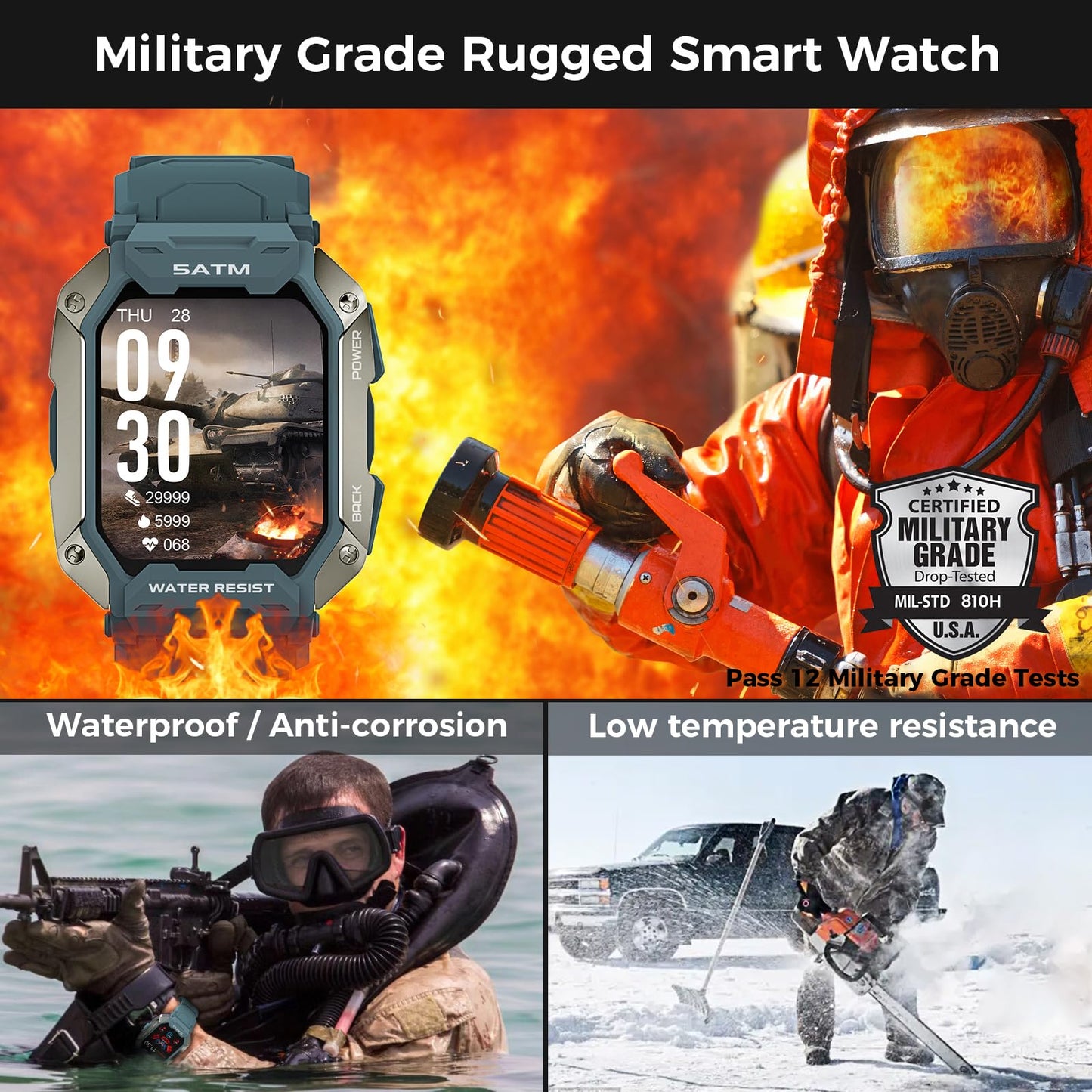 AMAZTIM Smart Watches for Men,50M Waterproof Rugged Military Grade Bluetooth Call(Answer/Dial Calls),Health Tracker for Android Phones and iPhone Compatible,1.72" Heart Rate Watch