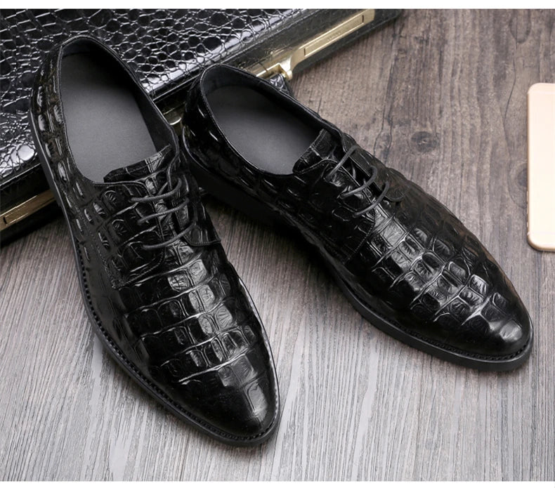 Phenkang Men Genuine Leather Crocodile Shoes Formal Dress Classic Style Burgundy Mens Wedding Lace Up Pointed Toe Oxford Shoes