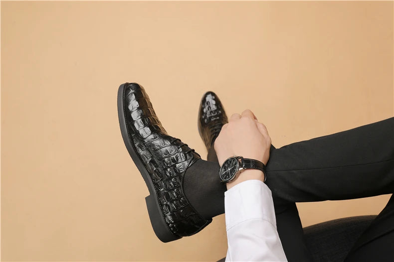 Phenkang Men Genuine Leather Crocodile Shoes Formal Dress Classic Style Burgundy Mens Wedding Lace Up Pointed Toe Oxford Shoes