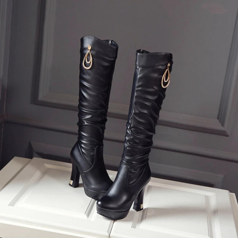 Winter Boots Women PU Sexy Fashion Knee Long Boots zipper High Heel Boots Platform Women Shoes Zapatos De Mujer Botas K1-4