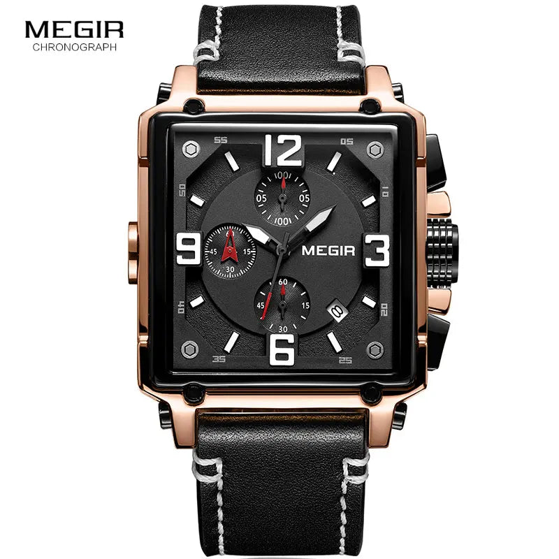 Megir Leather Strap Army Chronograph Quartz Wrist Watches Men Square Sports Stop Watch Man Clock Relogios Masculino 2061 Rose