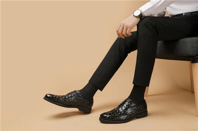 Phenkang Men Genuine Leather Crocodile Shoes Formal Dress Classic Style Burgundy Mens Wedding Lace Up Pointed Toe Oxford Shoes