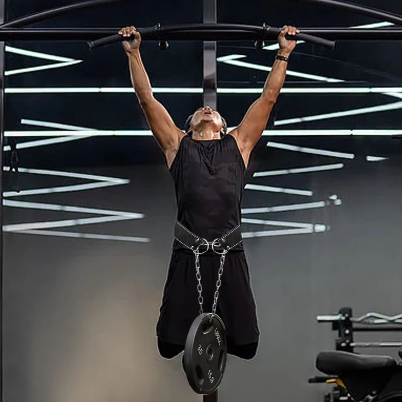 Cowhide Fitness Dip Belt With Chain Dipping Pull Up Leather Weight Lifting Belt Lumbar Back Support Training