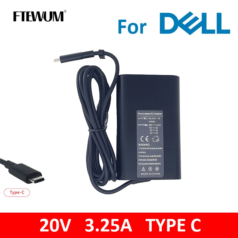 20V 3.25A 65W Type C PD USB AC Adapter Charger For Dell Latitude 5290 5480 5490 5491 5495 7285 7389 7390 7490 2in1 Thunderbolt3