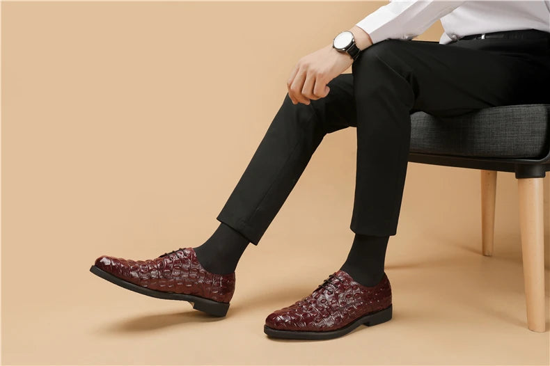 Phenkang Men Genuine Leather Crocodile Shoes Formal Dress Classic Style Burgundy Mens Wedding Lace Up Pointed Toe Oxford Shoes